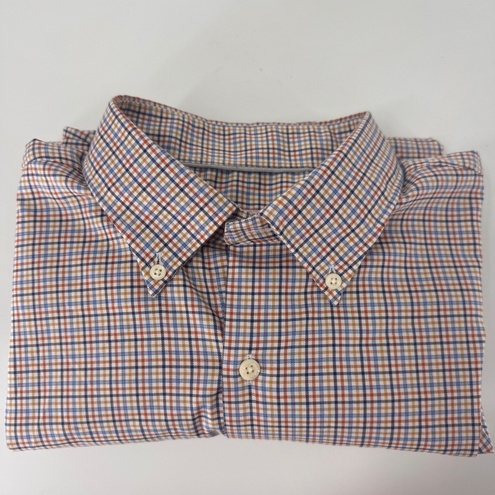 Peter Millar Mens Large Plaid Button Down Shirt Blue Orange Stretch Performance - Picture 8 of 10
